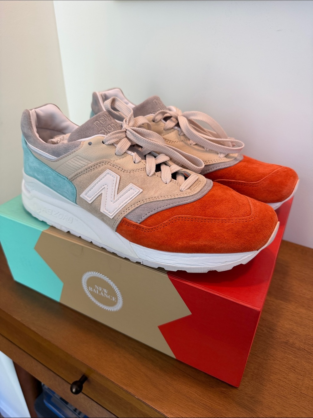 KITH x New Balance 990v2 “Cyclades” Suede Sneakers - Orange, Mint & Beige